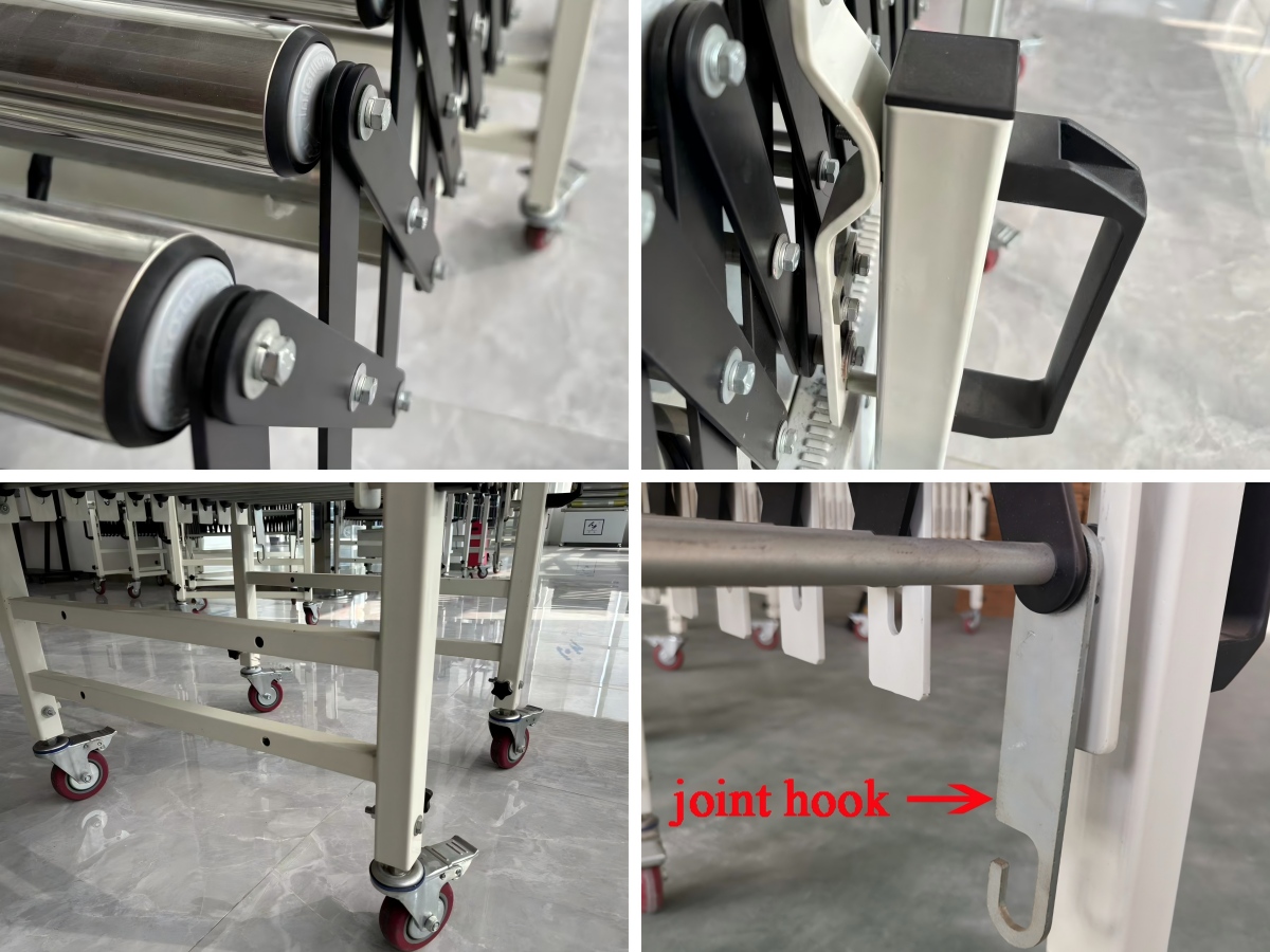 details of flexible expandable gravity roller conveyor Detalles del transportador de rodillos por gravedad expandible flexible