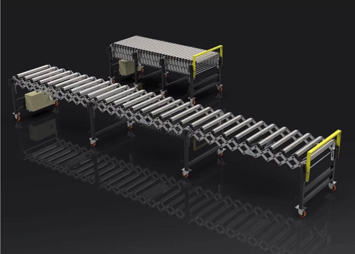 flexible expandable gravity roller conveyor – comparison of retracted and extended states Transportador de rodillos por gravedad expandible y flexible: comparación de los estados retraído y extendido