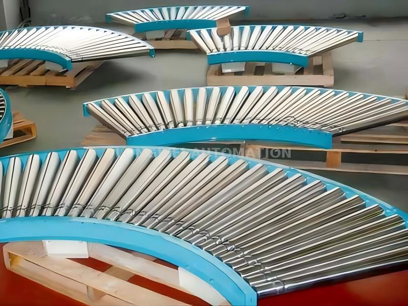 Transportador de rodillos curvos accionado por correa tórica de servicio mediano