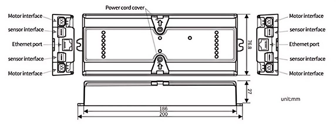 Dimensiones e interfaz del controlador del rodillo impulsor del motor H100 