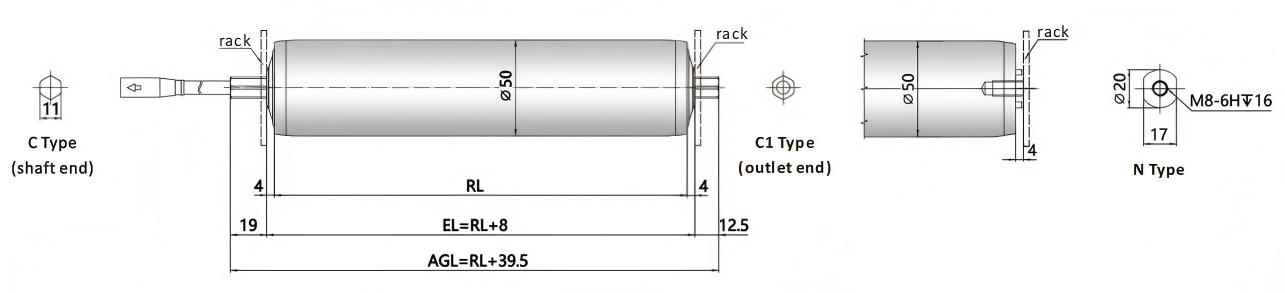 DGBL50A Dimensiones del rodillo de accionamiento del motor liso