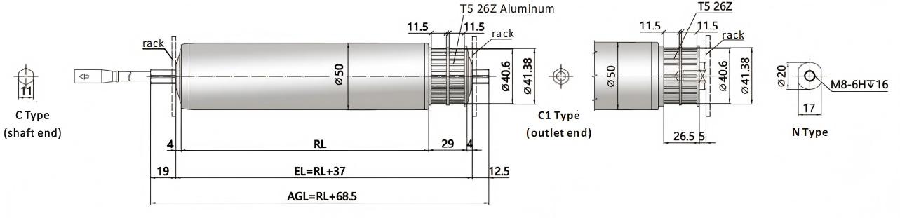 DGBL50A Dimensiones del rodillo de motor de polea de la polea dentada