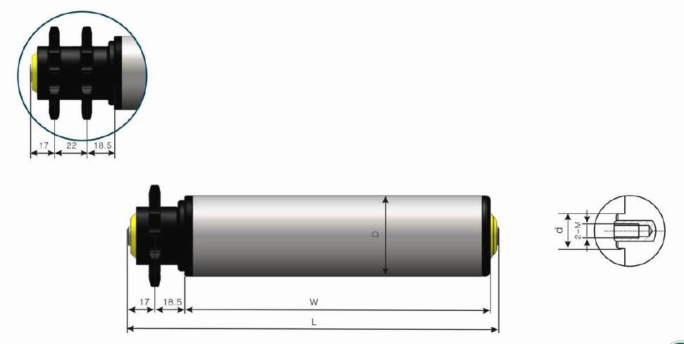 Rodillo transportador de acero con pi&ntilde;&oacute;n de pol&iacute;mero de servicio mediano DR224