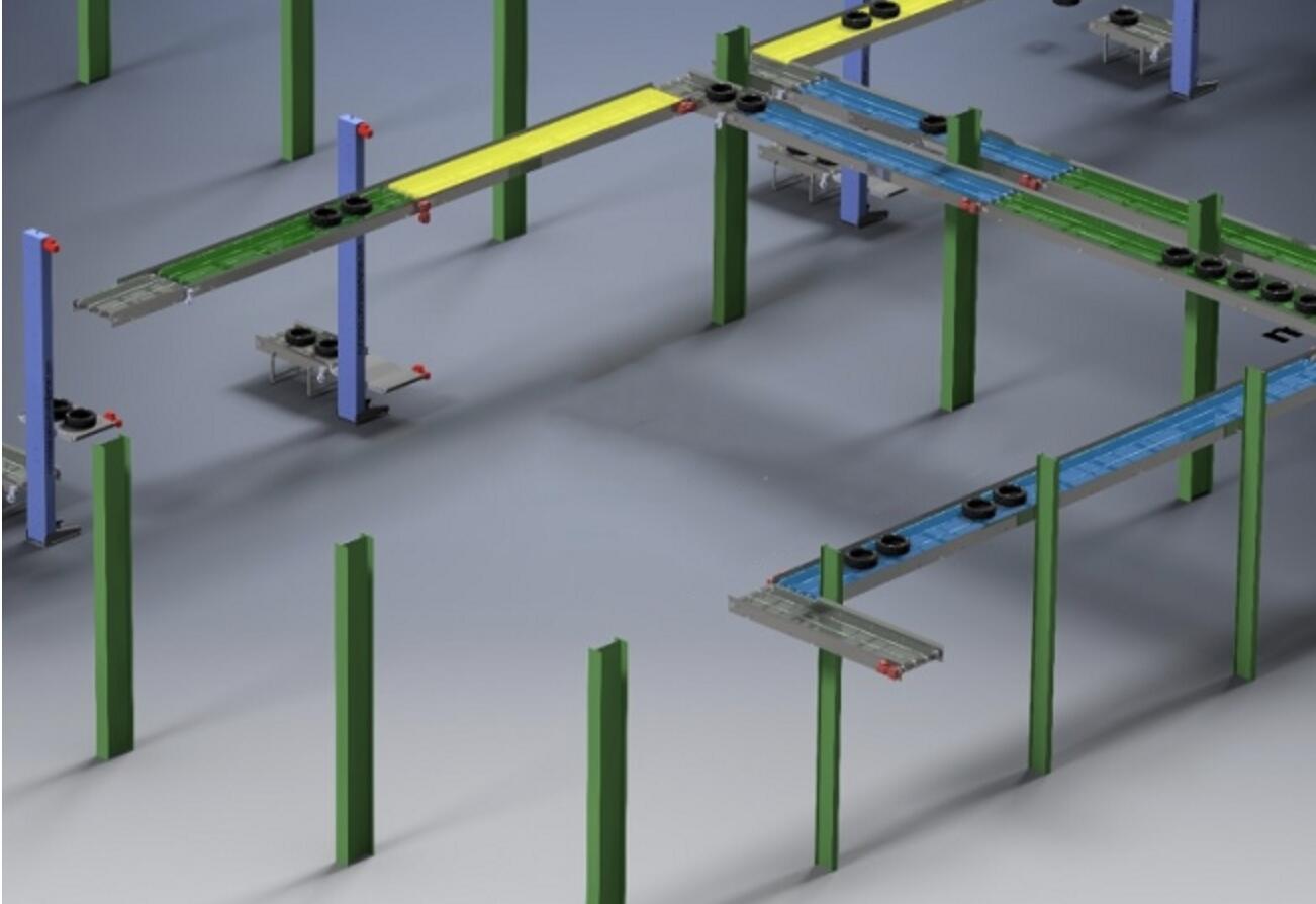 L&iacute;nea transportadora de producci&oacute;n de neum&aacute;ticos para autom&oacute;viles.